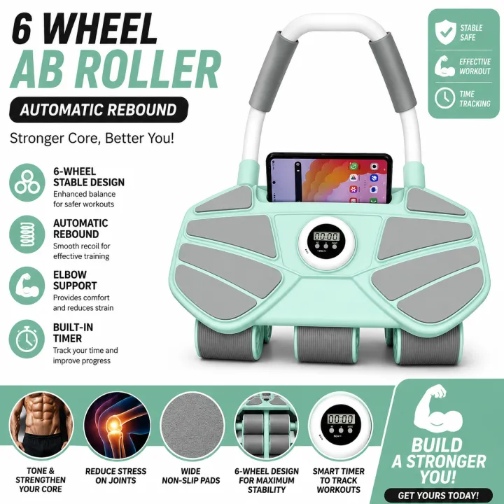 FITNESS%20WORLD%20-%20%20Rebound%20AB%20Roller%206%20Wheel%20for%20Abdominal%20Exercises%20with%20Knee%20Pad%20,%20Elbow%20Support,%20Phone%20Holder%20for%20Home%20Gym%20Strength%20Workouts%20-%20Image%204