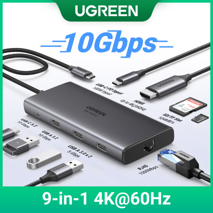 UGREEN USB C Hub, 9-in-1 USB C Dock with 4K@60Hz HDMI, 100W PD, 10Gbps USB-C and USB-A Data Ports, Ethernet and SD/TF Card Slots for MacBook Air M1/M2, iPad Pro, Surface, XPS, ThinkPad
