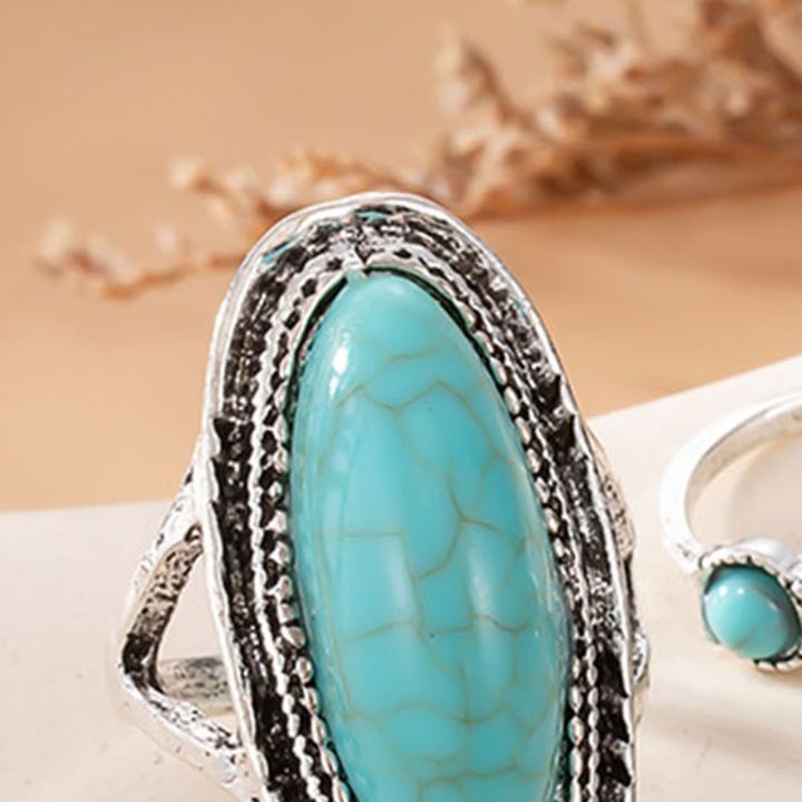 Finger%20Ring%20Alloy%20Material%20Boho%20Style%20Feather%20Turquoise%20Ring%20Set%20for%20Women%204pcs%20Wide%20Band%20Jewelry%20Gift%20Stylish%20Metal%20Ring%20-%20Image%203
