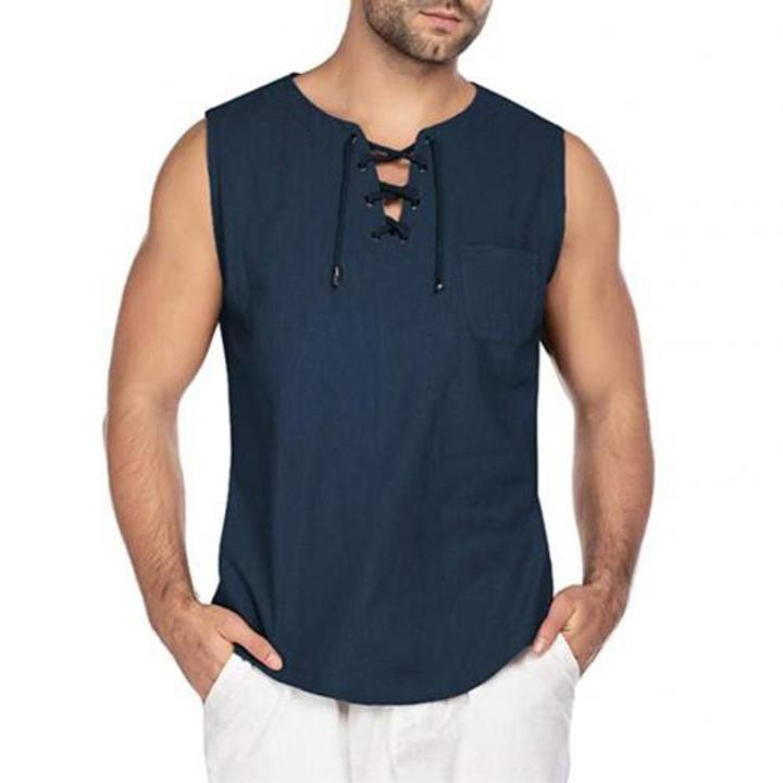 Men's shirt Casual Summer Men Solid Color Sleeveless V Neck Bandage Pocket Vest Shirt Oversize TaTop Men Clothing 5 Colors