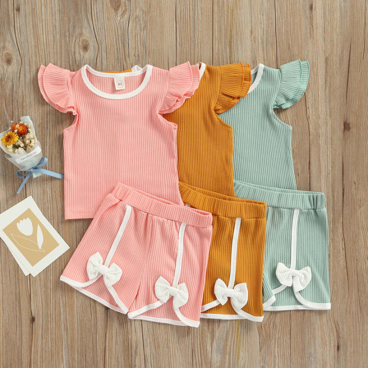 Jumperjuser-Toddler%20Kids%20Girls%202%20Pieces%20Outfit,%20Fly%20Sleeve%20Round%20Neck%20Contrast%20Color%20T-Shirt%20+%20Bowknot%20Shorts%20Summer%20Set%20-%20Image%209