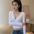 Autumn and Winter Undershirt Sexy Sexy Tight Deep v Collar Top Long Sleeve T T-shirt Women's Nightclub Low-Cut Short Navel Women's Clothing.