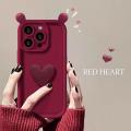 Phone Case For iPhone 11 13 14 15 Pro Max Plus 13Mini Casing Coffee Cute 3D Ears Love Heart Wine Red Cute Candy Color Soft Shockproof Cover Matte Silicone.