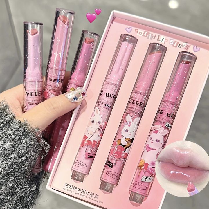 3Pcs/Set Gege Bear Garden Pink Rabbit Solid Lip Gloss Moisturizing Watery Colored Lip Balm Long-lasting and Tender Lip Balm