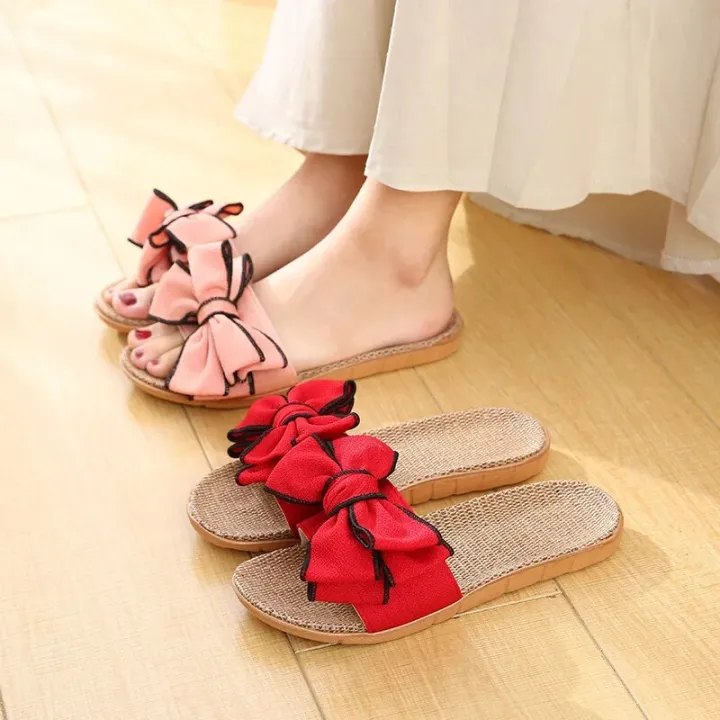 Women%20Summer%20Casual%20Slides%20Comfortable%20Flax%20Slippers%20Striped%20Bow%20Linen%20Flip%20Flops%20Platform%20Sandals%20Ladies%20Indoor%20Shoes%20-%20Image%204