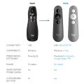 Logitech R400 Wireless Presentation Remote, 2.4 GHz, USB-Receiver, Red Laser Pointer, 15-Meter Operating Range, 6 Buttons, Intuitive Slideshow Control, Battery Indicator, PC - Black. 