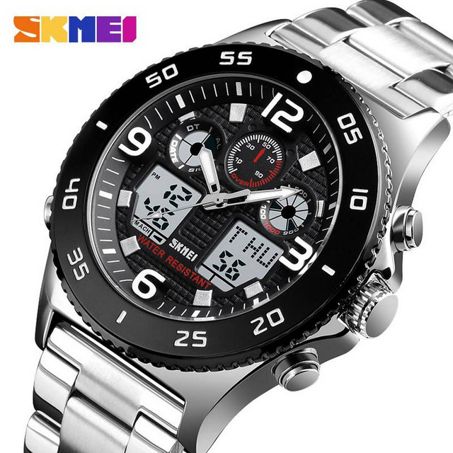 SKMEI Men Fashion Watches Solar Stainless Steel Watch Chrono Dual Display Waterproof Business Wristwatches 1493