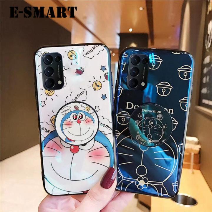 Phone Case OPPO Reno 4 Back Cover Cute 3D Cartoon Blue Light Happy Doraemon Soft Couple Cases Stand Holder for OPPO Reno4 Case