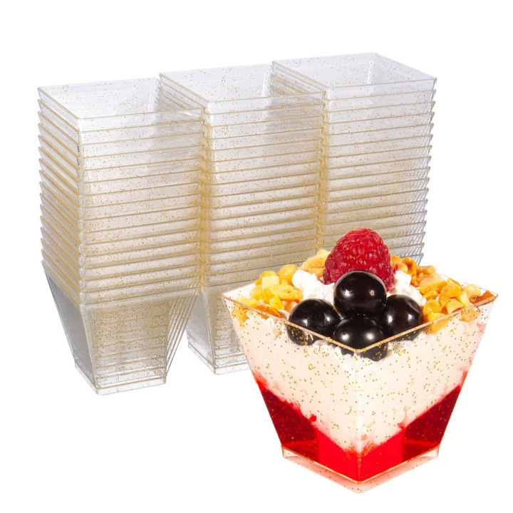 Small Dessert Cups Plastic Glitter Plastic Parfait Cups Mini Square Reusable Serving Bowl For Party Wedding Catering