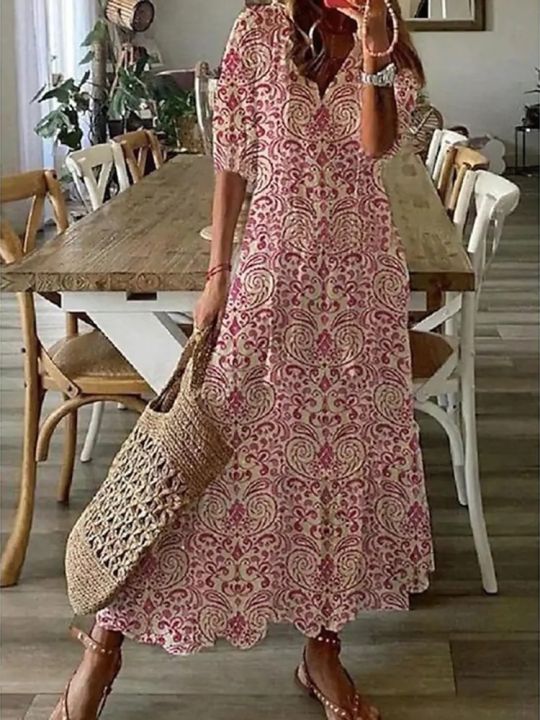 Summer%20V%20Neck%20Half%20Sleeve%20Long%20Beach%20Dress%20Women%20Print%20A-Line%20Loose%20Dress%20Cover-Ups%20Boho%20Casual%20Lace%20Up%20Beach%20Dress%20Cover-Ups%20-%20Image%204