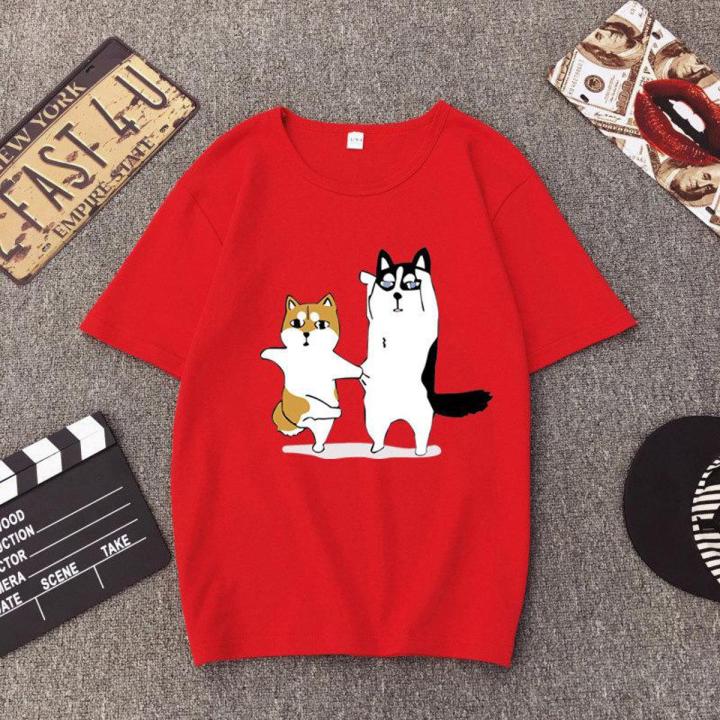 Korean Fashion South Korea Ulzzang Bf Cartoon God Annoying Dog Husky Couple Print T-Shirt Loose Student Short Sleeve Tide