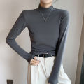 Half Turtleneck Double-Sided Dralon Bottoming Shirt Women's Autumn and Winter Western Style Inner Wear Solid Color with Fur Thick Warm Long Sleeves Top.