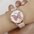 2pcs/set Women's Watch Butterfly Fashion Quartz Watch Analog PU Leather Wrist Watch & Rose Flower Bracelet, Valentines Gift For Her. 
