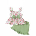 GC Toddler Girls 2 Pcs Lettuce Trim Shorts Set Ruffled Sleeve Square Neck Bowknot Tank Top Elastic Waistband Shorts Outfit.