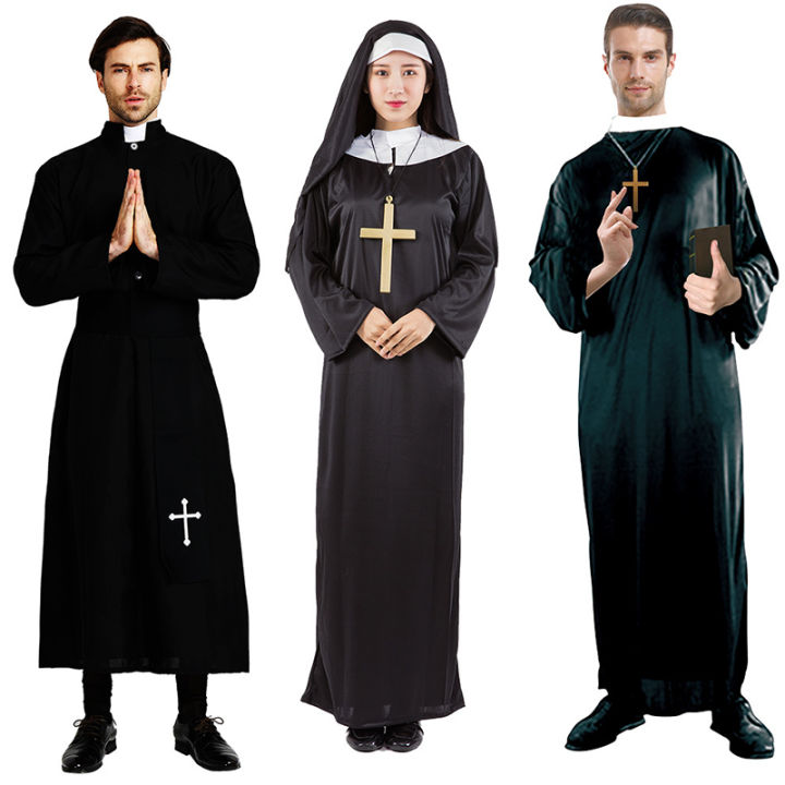 Halloween Men Priest Cosplay Costumes For Women Clothes Carnival Nun Long Robes Religious Catholic Church Clothing Missionary