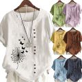 Women 's Summer Dandelion Butterfly Printed Short Sleeve Round Neck T-shirt Ladies Casual Linen Shirts Plus Size  Tops. 