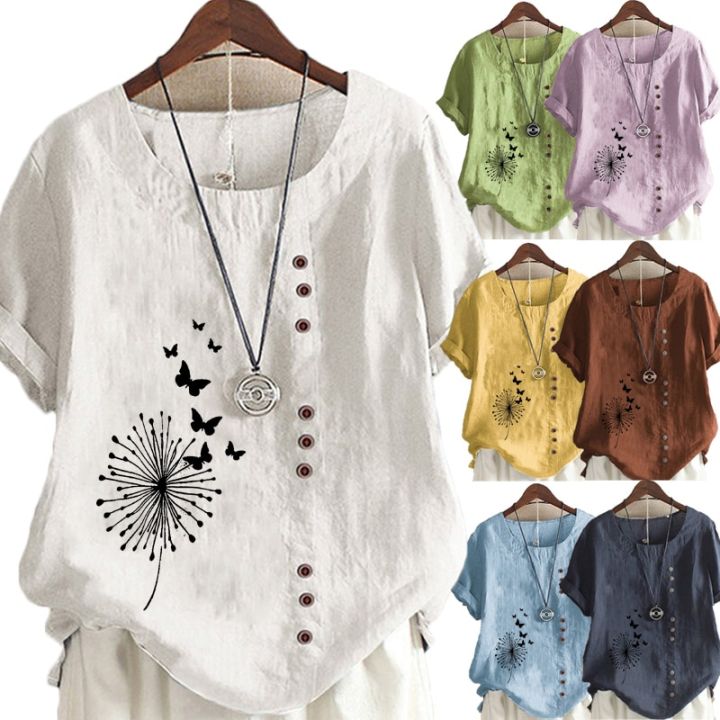 Women%20's%20Summer%20Dandelion%20Butterfly%20Printed%20Short%20Sleeve%20Round%20Neck%20T-shirt%20Ladies%20Casual%20Linen%20Shirts%20Plus%20Size%20%20Tops%20-%20Image%203