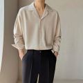 Mature Men Clothing Senior Spring Cuban Neck Shirt for Men Solid Color Fashion Loose Casual Drop Long Sleeve Men Dress Shirt.