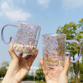 Girl Heart Bubble Starry Sky Cup Star Sequin Double Wall Glass Handle Heat-resistant Milk Kawaii Cute Coffee Mug. 