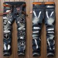 new men jeans ripped European style cotton denim hip hop patchwork fashion jeans for men patch pants holes trousers spray lacquer navy blue. 