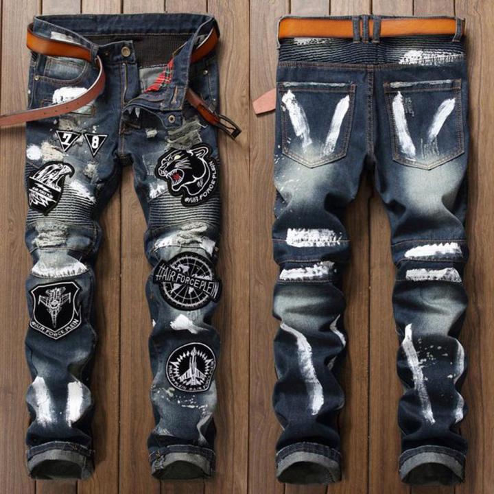 new men jeans ripped European style cotton denim hip hop patchwork fashion jeans for men patch pants holes trousers spray lacquer navy blue