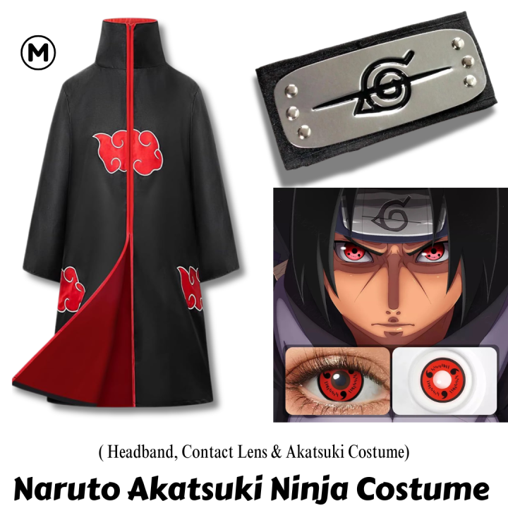 New Naruto Itachi Uchiha Akatsuki Cloak Ninja Cosplay Costume (Combo Set) with other costume accessories for Anime fans, cosplay costume, birthday, Cosplay, Halloween ,Stage Show,Christmas,comic show. #costume