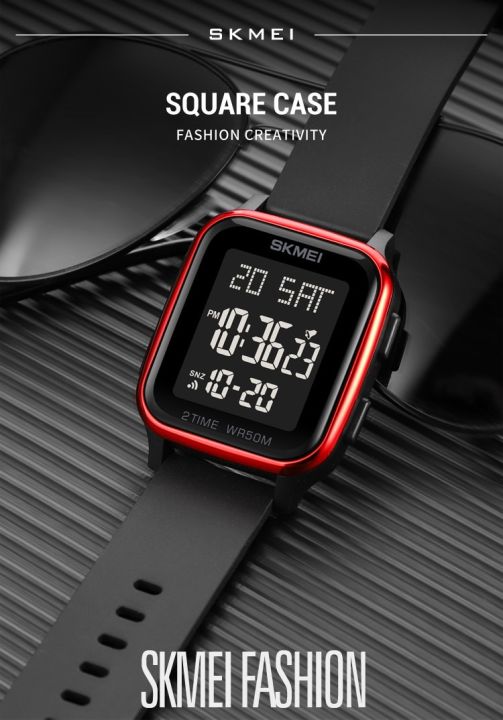 SKMEI 1858 Dual Time Plastic Strap Digital Watch for Men- Black & Red