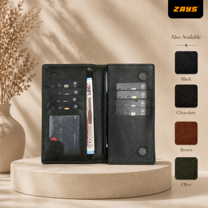 Zays Handcrafted Premium Eco-Friendly Leather Long Wallet, Top-Grain Vegetable-Tanned Slim Wallet 7.4 x 3.8 x 1 Inch, 7 Card Slots, ID Slot, Cash Compartment, Zipper Chamber, 2 Mobile Compartments