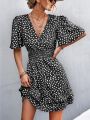 V Neck Mini Dress For Women Fashion Floral Slim Short Dresses Female Lotus Leaf Sleeve Elegant Dress Summer Vestido Mujer. 