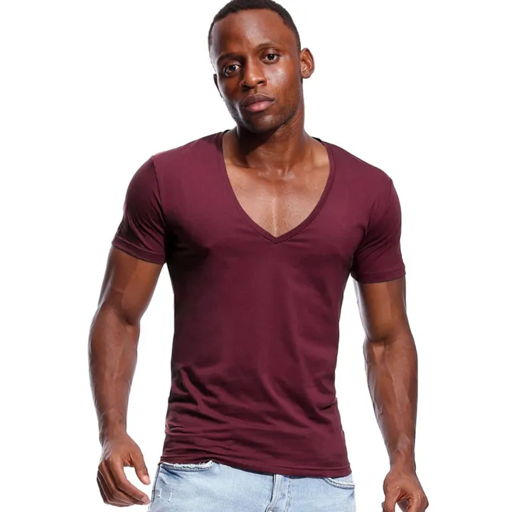 Deep V Neck T Shirt for Men Low Cut Vneck Wide Vee Tee Male Tshirt Invisible Undershirt Model Scoop Hem Slim Fit Short Sleeve Daraz .bd