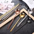 Korean Long Handle Chopsticks Spoon Cutlery Set Reusable Stainless Steel Non-slip Sushi Sticks Food soup Spoon Dinnerware Set. 
