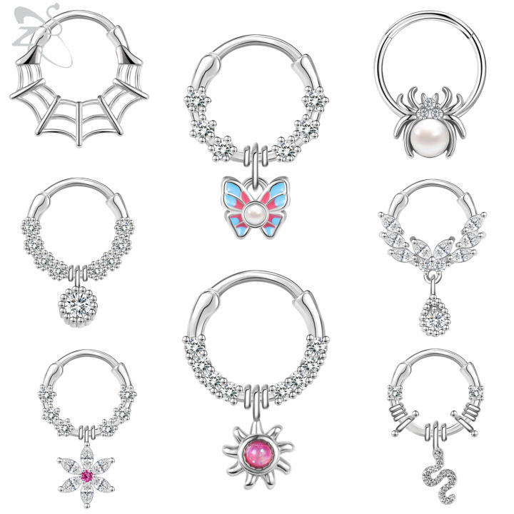 ZS 1PC 16G Stainless Steel Septum Ring Butterfly Snake Nose Ring Crystal Septum Piercing 8/10mm Cartilage Earring Helix Piercing