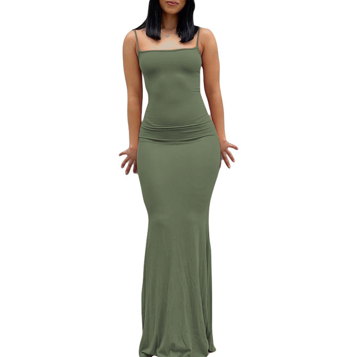 Women%20Sleeveless%20Fish%20Tail%20Dress,%20Solid%20Color%20Spaghetti%20Strap%20Bodycon%20Long%20Skirt%20-%20Image%202