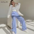 Blue Women High Waist Wide Leg Pants Ladies Casual Loose Casual Trousers Female Pleated Button Trousers Floor-Length. 
