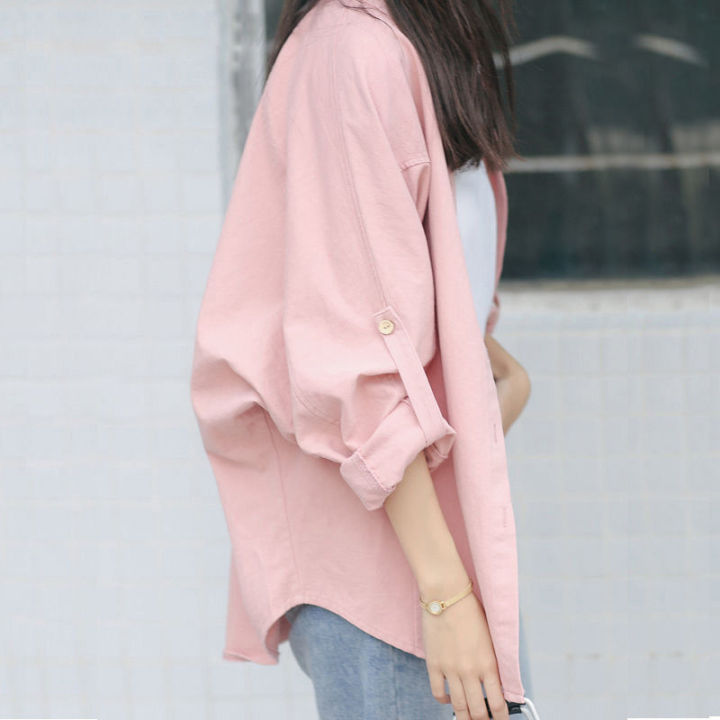 Pink Shirt Women's Loose Spring Clothes Korean Style Batwing-Sleeved Blouse Top Versatile Long Sleeve Shirt