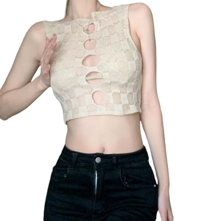 Women%20Casual%20Tank%20Tops,%20Solid%20Color%20Hollow-Out%20Plaid%20Texture%20Sleeveless%20Knitted%20Crop%20Tops%20-%20Image%202