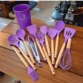 Cooking Utensils Set 12 Pcs. Cooking Kitchen Utensils Set Long Wooden Handle Kitchen Gadgets with Holder Tongs Spatula Spoon Brush Whisk for Home for Kitchen Accessories. Silicone and wooden Spoons for Kicthen.. 