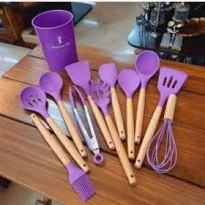 Cooking Utensils Set 12 Pcs. Cooking Kitchen Utensils Set Long Wooden Handle Kitchen Gadgets with Holder Tongs Spatula Spoon Brush Whisk for Home for Kitchen Accessories. Silicone and wooden Spoons for Kicthen.