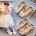 Girls' Little Leather Shoes Spring 2024 New Children's Rhinestone Lace Bow Princess Shoes Little Girls Performance Shoes.