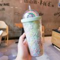 Cartoon Cute Rainbow Cup with Straw Double Plastic BPA Free Woman Girl Water Bottle for Juice Milk Coffee 500ml Drinking Tumbler.