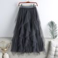 Big Ruffles Tulle Skirt Womens Autumn Winter High Waist Elegant Pleated Skirts Female Korean Fashion Casual Mesh Skirt.