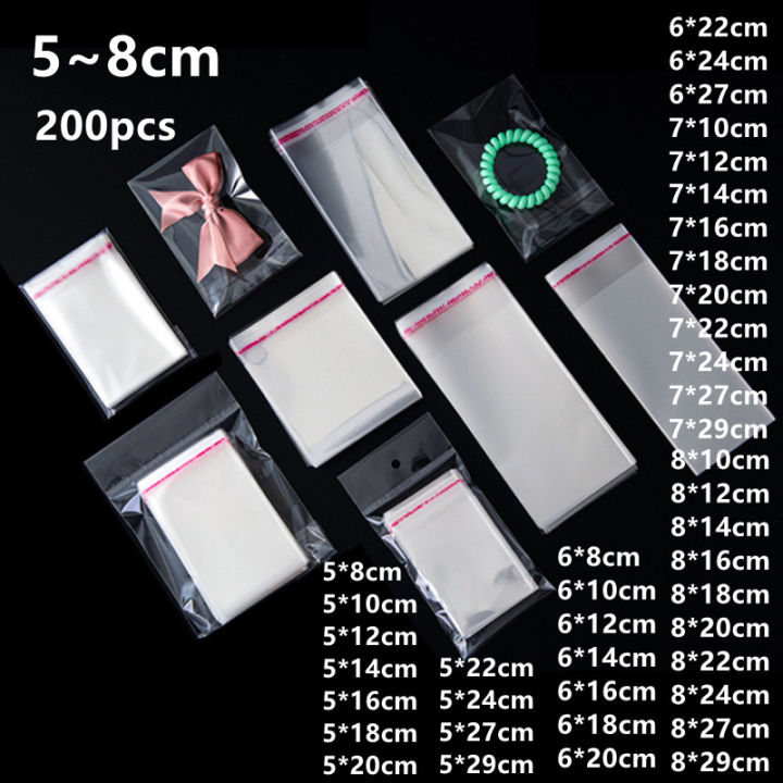 200pcs Width 5cm/6cm/7cm/8cm Transparent Cellophane Bags Candy Chocolate Pack Plastic Pouch Gift Self Adhesive Bag Accessories