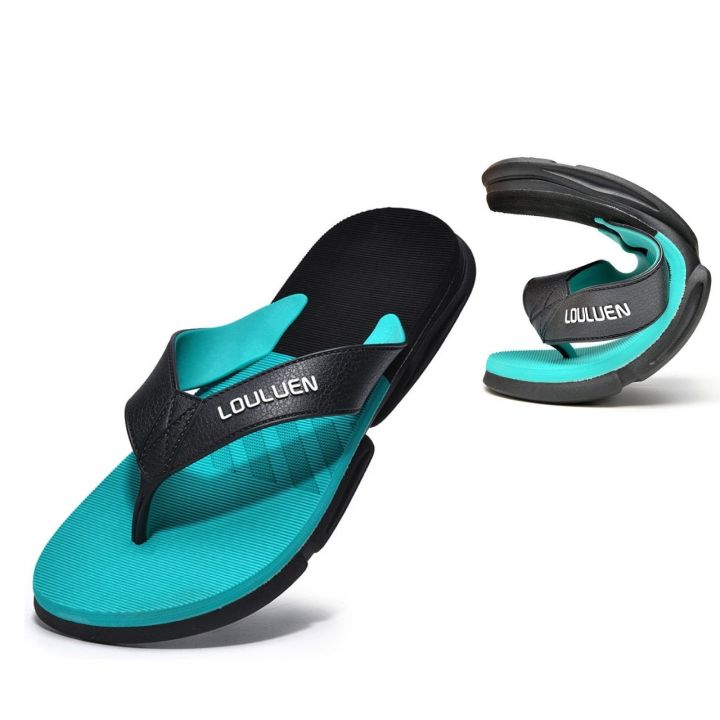 LOULUEN Men's Tri-Color Stripe Flip-Flops Sandal - Turquoise and Black