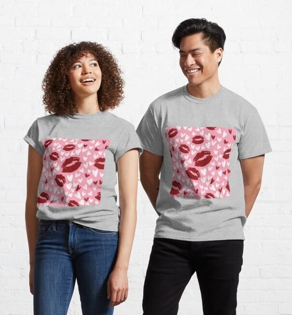 Couple Women And Men Red Kiss Print Lip Mark and white Hearts Pattern design Classic T-Shirt elbas