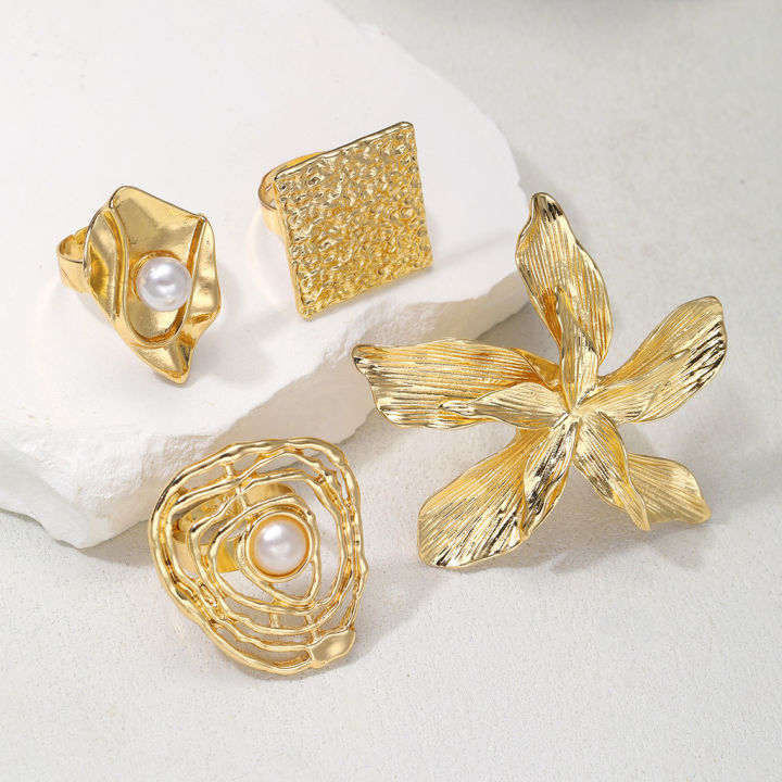 Enacolor%204Pcs/Set%20Retro%20Gold%20Irregular%20Alloy%20Flowers%20Ring%20Set%20Joint%20Rings%20for%20Women%20Exaggeration%20Jewelry%20Accessories%20Gifts%20-%20Image%206