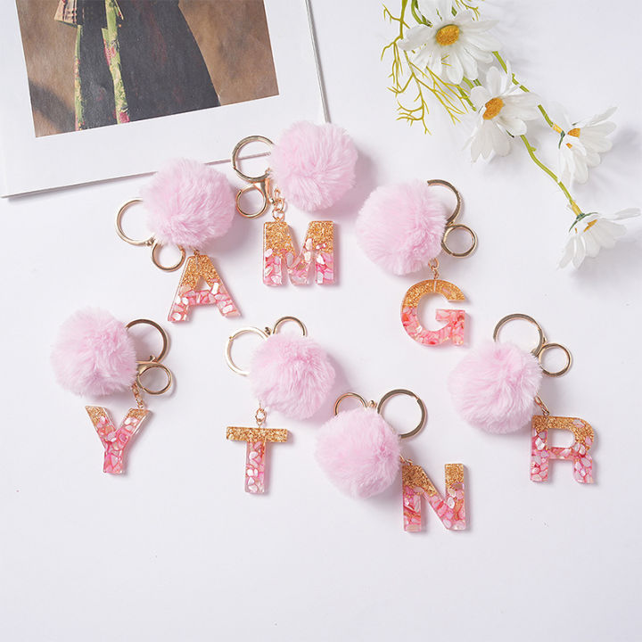 Cute Keyring Pink Pompom Fur Ball 26 Letter Keychain Resin Key Chains Handbag Charms For Woman Ornaments Accessories Gift ANLAN