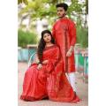 Family Set Block Print Dhupian Silk Exclusive Couple Dress Red Color Saree and Panjabi for Men women and Son. 