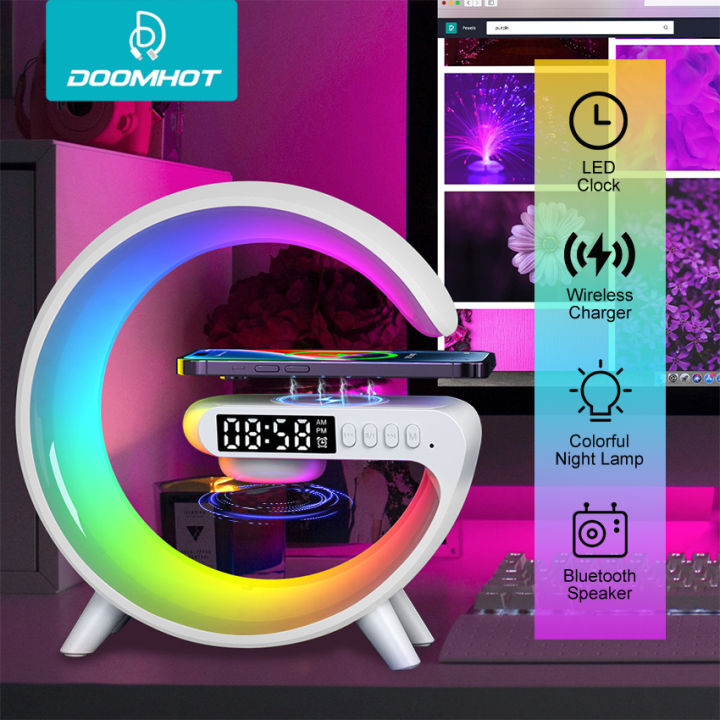 Doomhot 4 In 1 Bluetooth Speaker 10W Multifunctional Wireless Charger LED Atmosphere RGB Night Light Alarm Clock Desk Lamp Bluetooth Speaker  Wireless Charging Modern Speaker