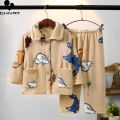 New Kids Boys Girls Autumn Winter Soft Flannel Pajamas Sets Cartoon Long Sleeve Lapel Tops with Pants Pyjamas Sleepwear Clothing. 