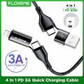 FLOVEME 4 in 1 Fast Charging 3A High Current Nylon Braided Cable For iPhone iPad Type C Charge Type-C To iPhone & Type-C To Type-C & USB A To Type-C & USB A To iPhone.